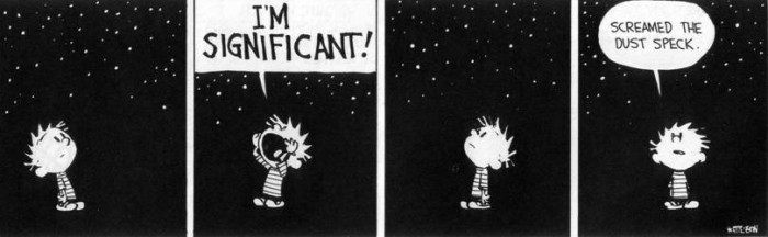 Calvin under a black starry sky: I'm significant. Said the dust speck.